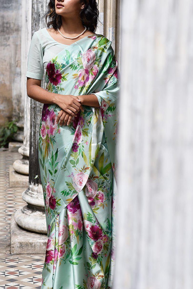 Buy-Azure Skies - Satin Saree-Cyahi-Online